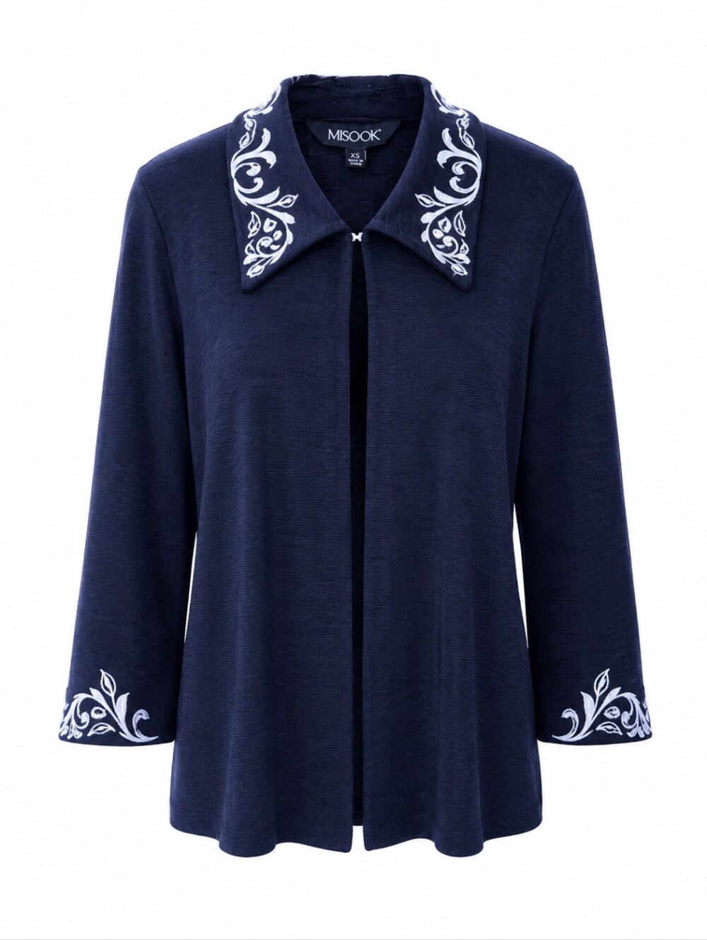 MISOOK Navy Embroidered Knit Cardigan Jacket XS Elegant Open Front Textured